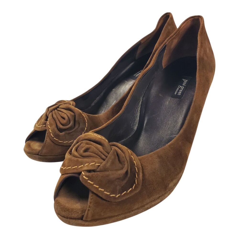 PAUL GREEN Shoes LORI Women Size 9 Brown Suede Pumps Floral Peep Toe Designer